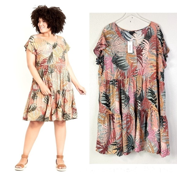 Evans Tropical Windown Tiers Flutter Sleeve Dress Size 22/24 - Picture 1 of 10